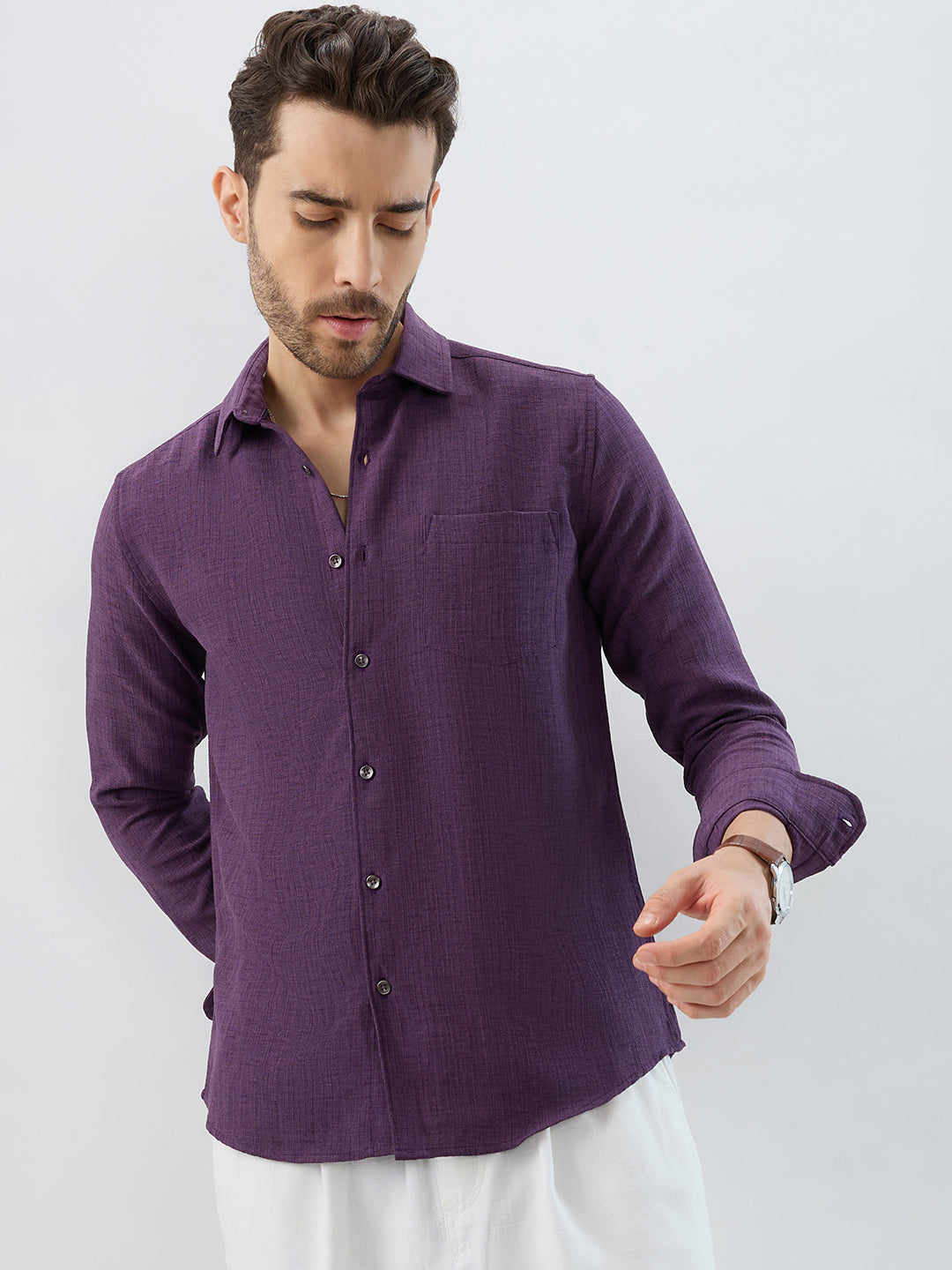 Opulent Dark Wine Slub Textured Shirt