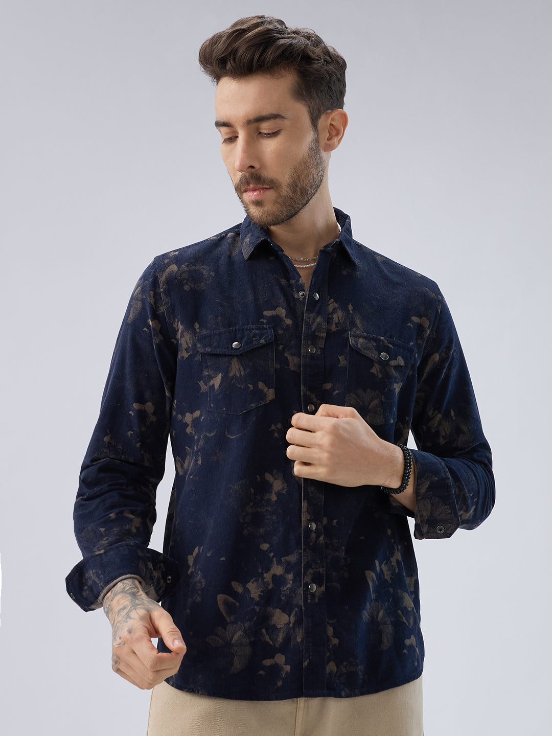 Navy Abstract Bloom Printed Flap Pocket Corduroy Shirt