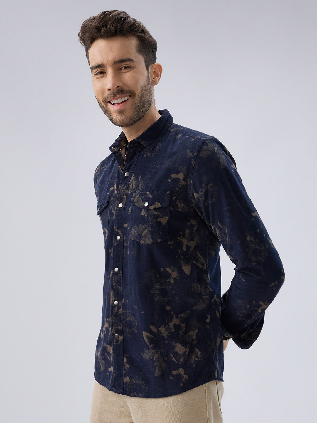 Navy Abstract Bloom Printed Flap Pocket Corduroy Shirt