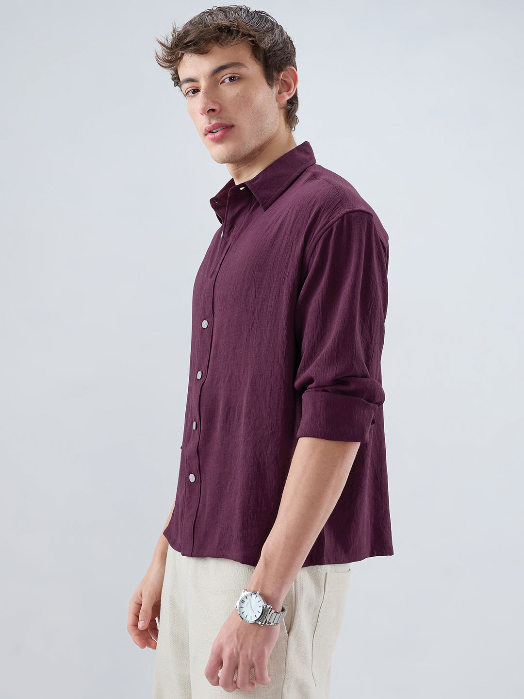 Deep Maroon Soft Crush Fine Grid Textured Boxy Fit Crop Shirt