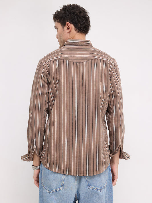 Rustic Bark Brown Multi-Stripe Twin Pocket Corduroy Shirt