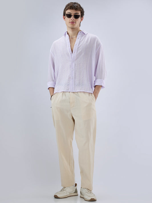 Elegant Lavender Airstripe Crinkled Boxy Fit Crop Shirt