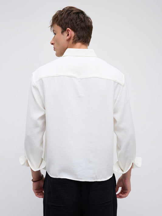 Pearl White Slub Crinkled Boxy Fit Crop Shirt