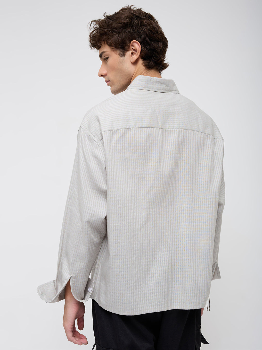 Misty Grey Fine Grid Weave Boxy Fit Crop Shirt