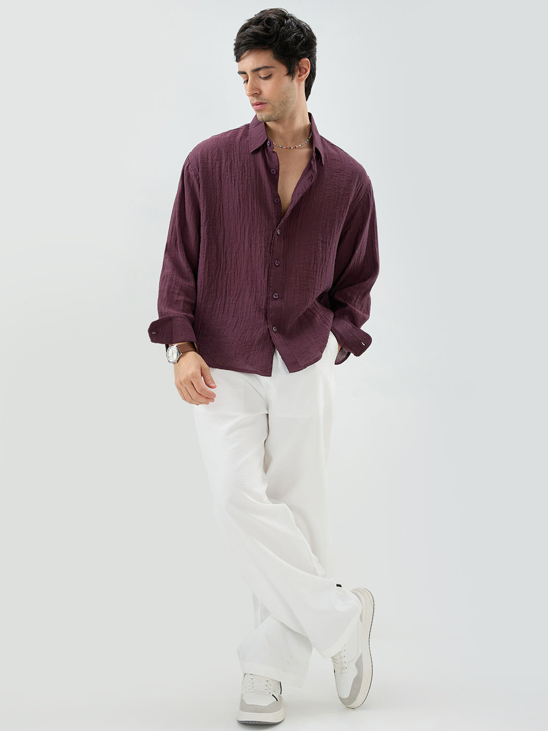 Solid Wine Sheer Crepe Boxy Fit Crop Shirt