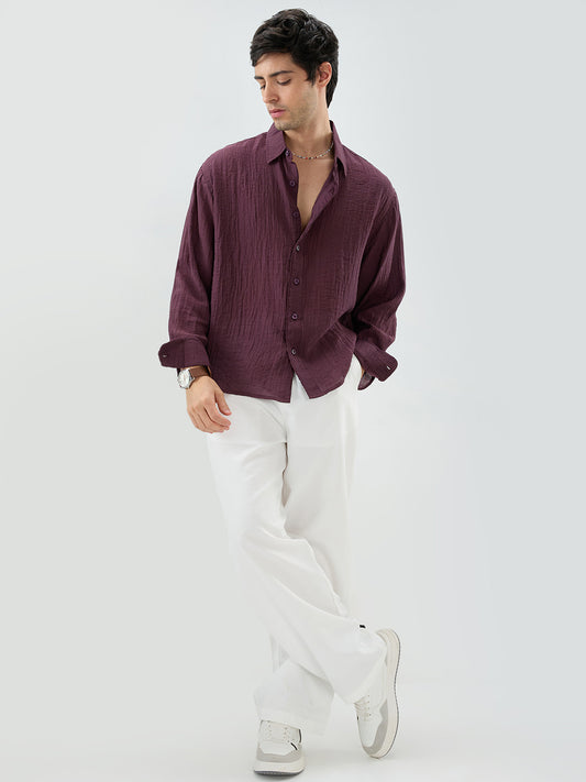 Solid Wine Sheer Crepe Boxy Fit Crop Shirt