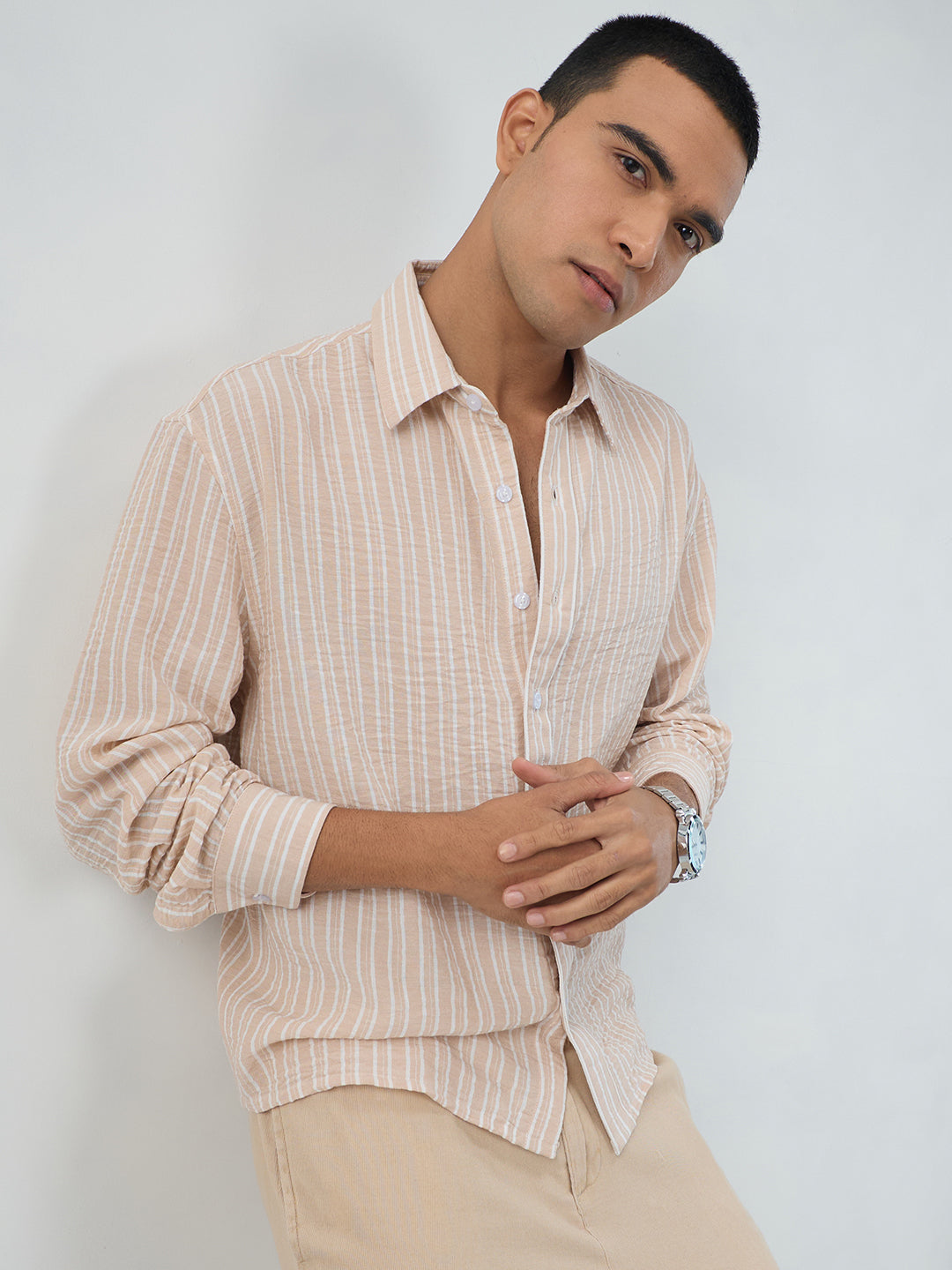 Crayola Peach Vertical Striped Crinkled Boxy Fit Crop Shirt