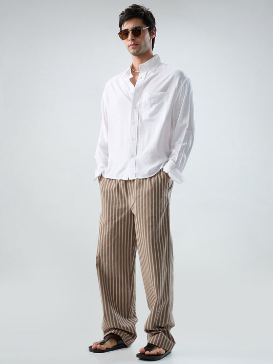 Beachline Brown Vertical Striped Straight-Fit Trousers