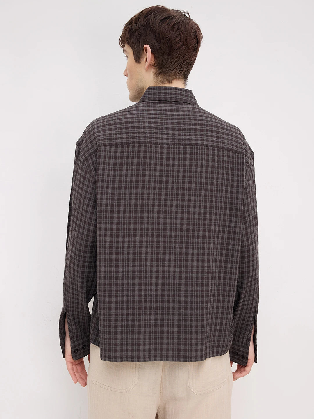 Brown & Grey Shadow Atelier Checked Boxy Fit Crop Shirt
