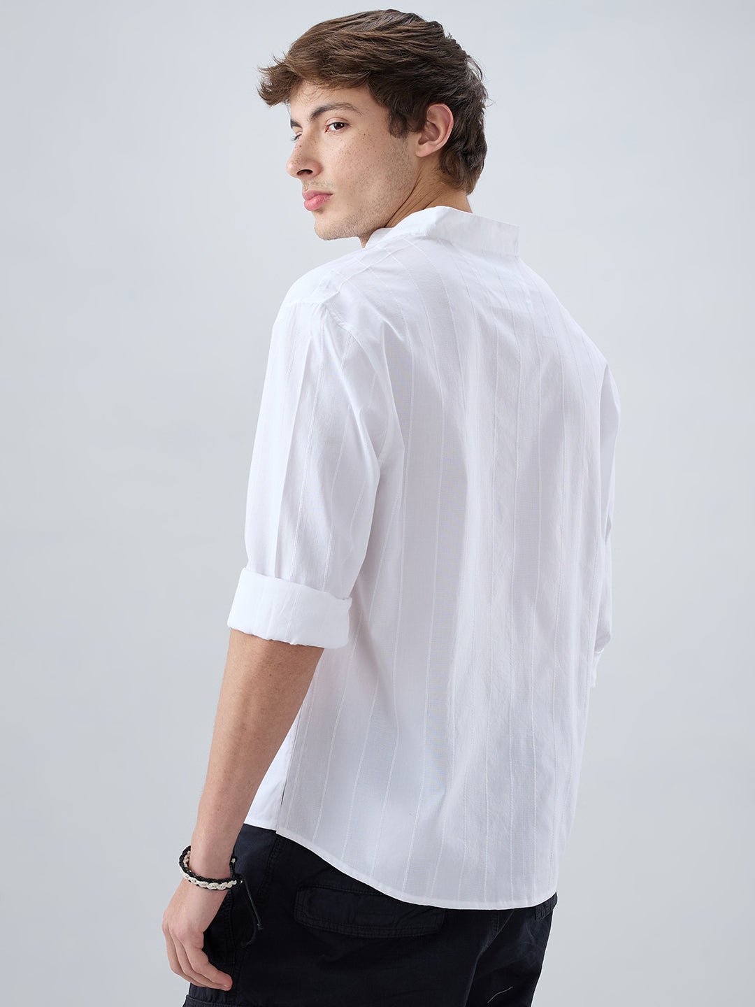 Snow White Panel Textured Stand Collar Oversized Shirt