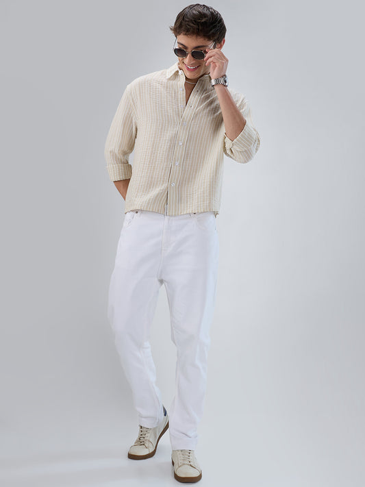 Beige Vertical Striped Crinkled Boxy Fit Crop Shirt