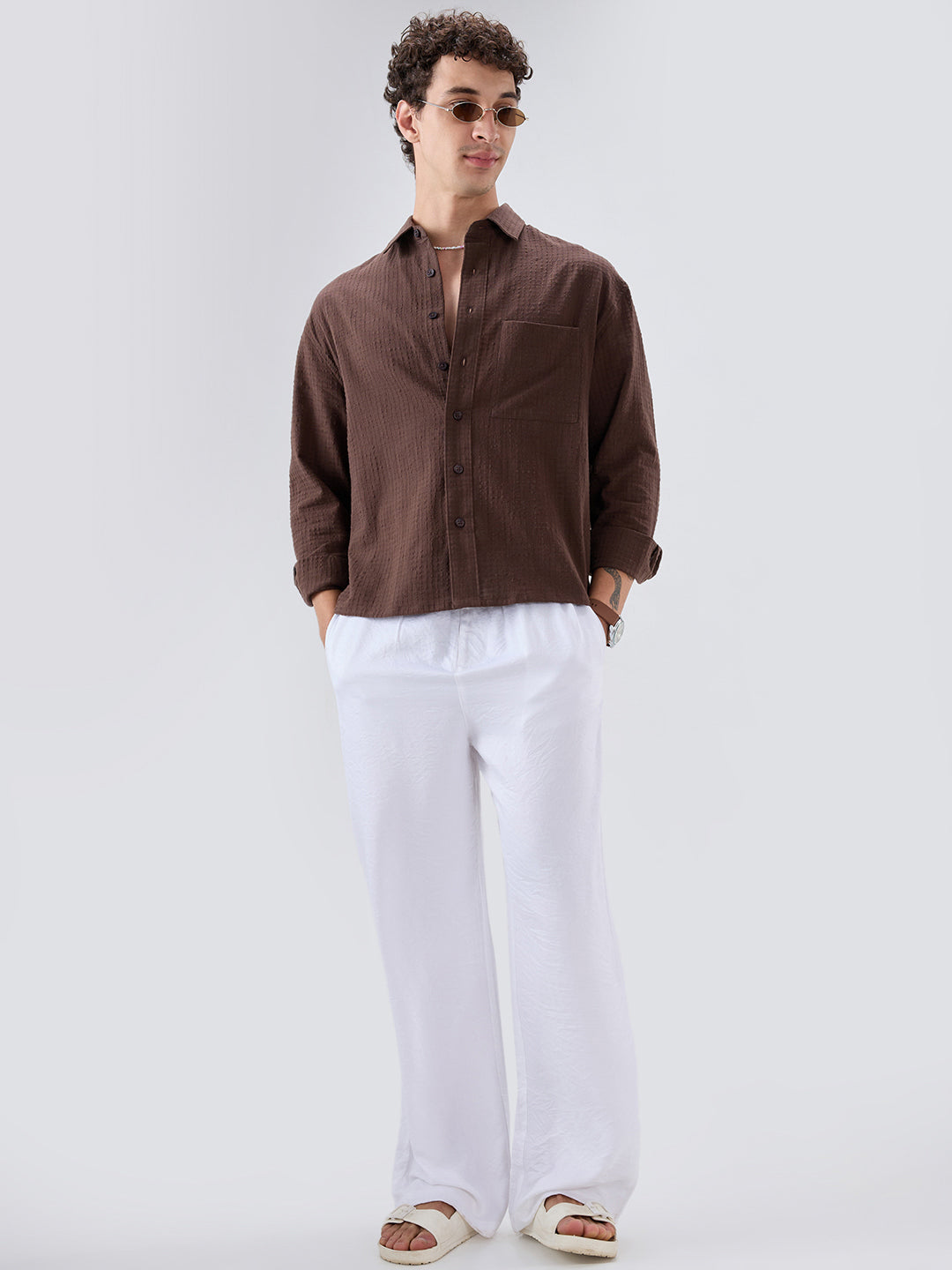 Chocolate Brown Micro Box Textured Boxy Fit Crop Shirt