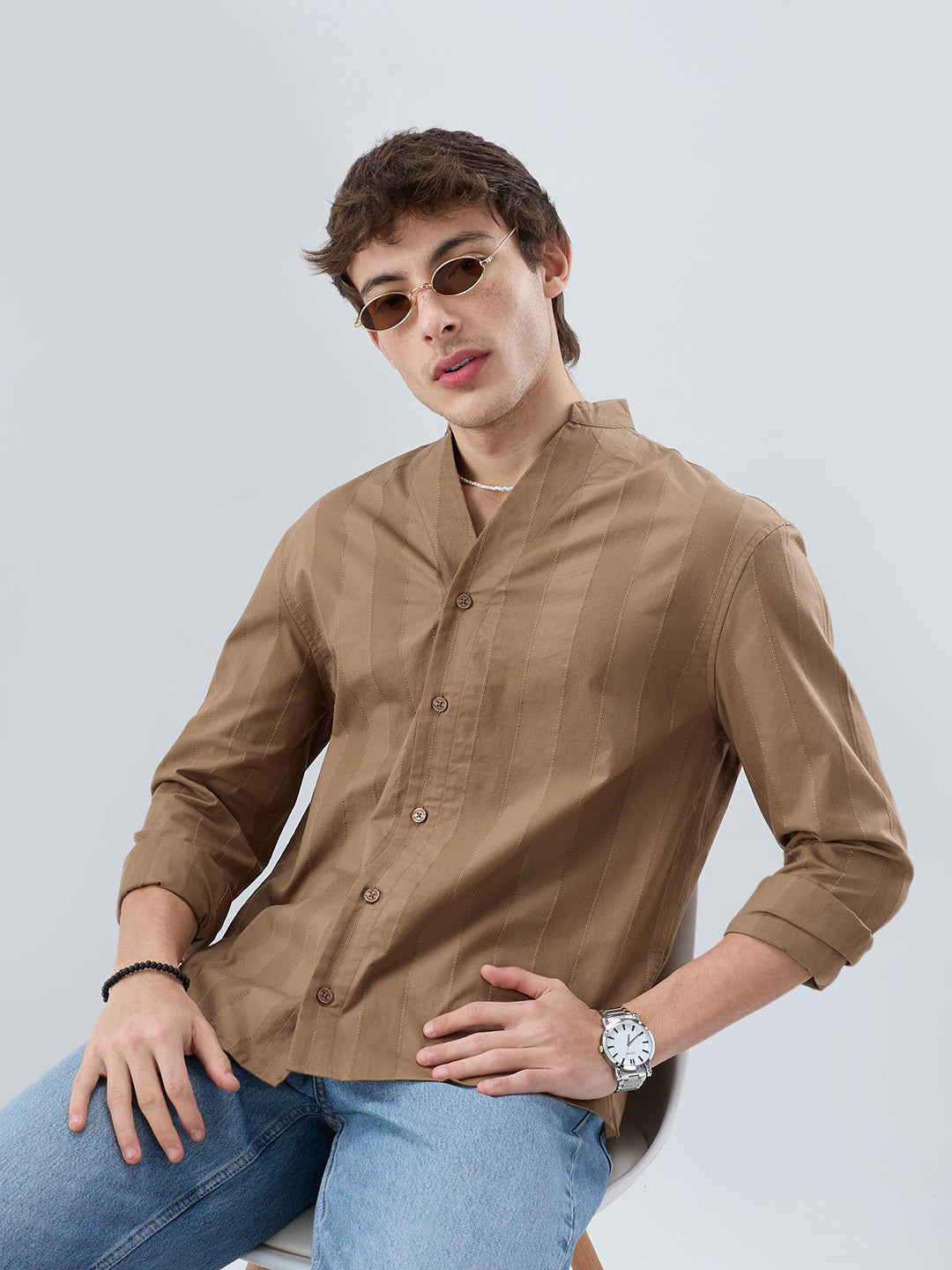 Bark Brown Panel Textured Stand Collar Oversized Shirt