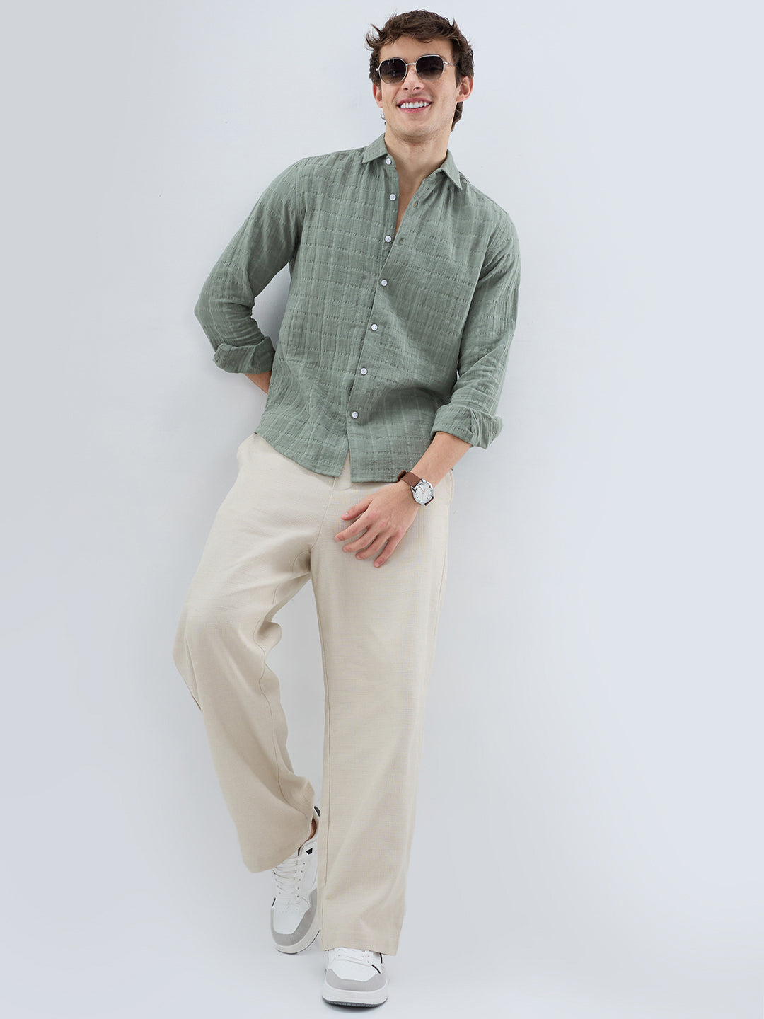 Sage Green Box Weave Double Cloth Seersucker Shirt