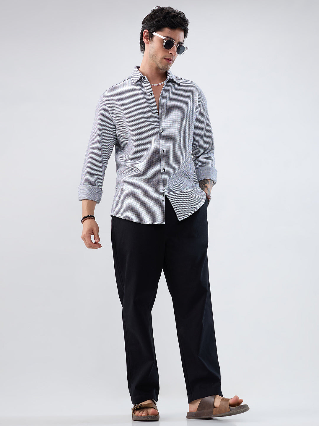 White Grid Textured Knitted Shirt