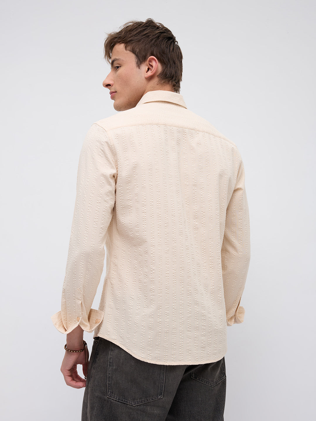 Bisque Beige Seersucker Striped Shirt