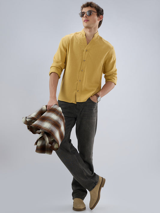 Soft Honey Yellow Diagonal Textured Stand Collar Oversized Shirt