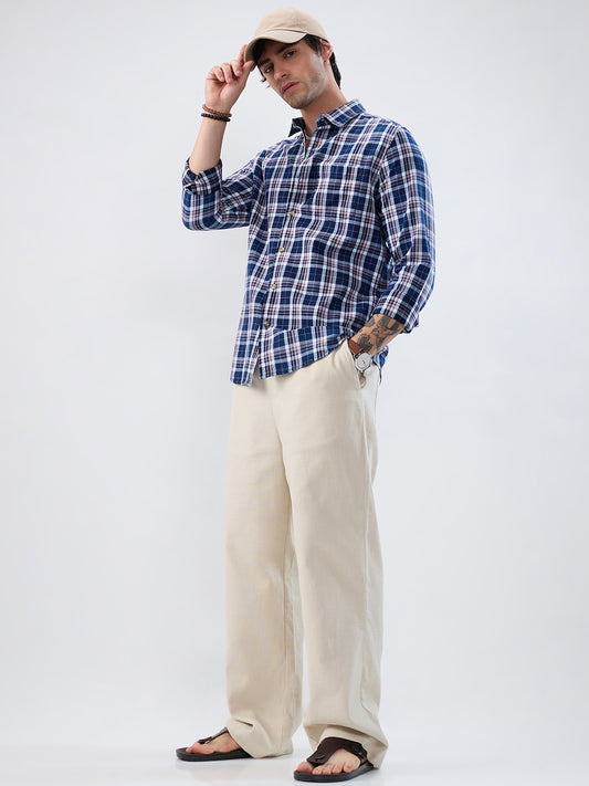 Denim White & Navy Herringbone Plaid Checks Shirt