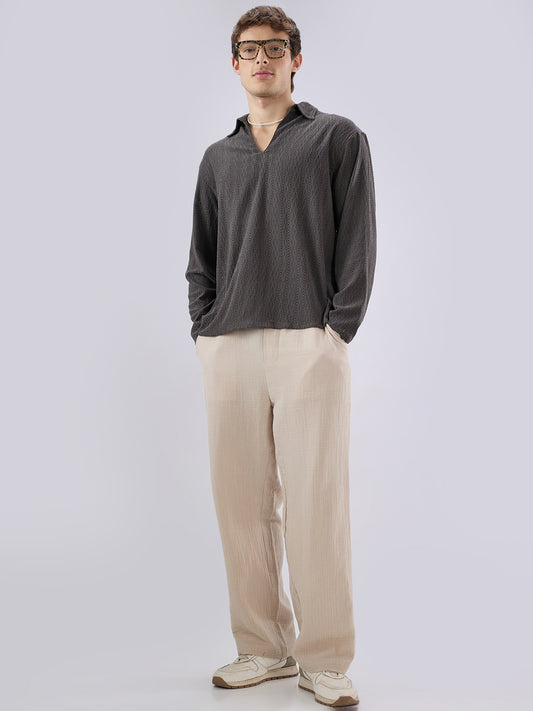 Dark Grey Textured Crochet Polo Oversized Shirt