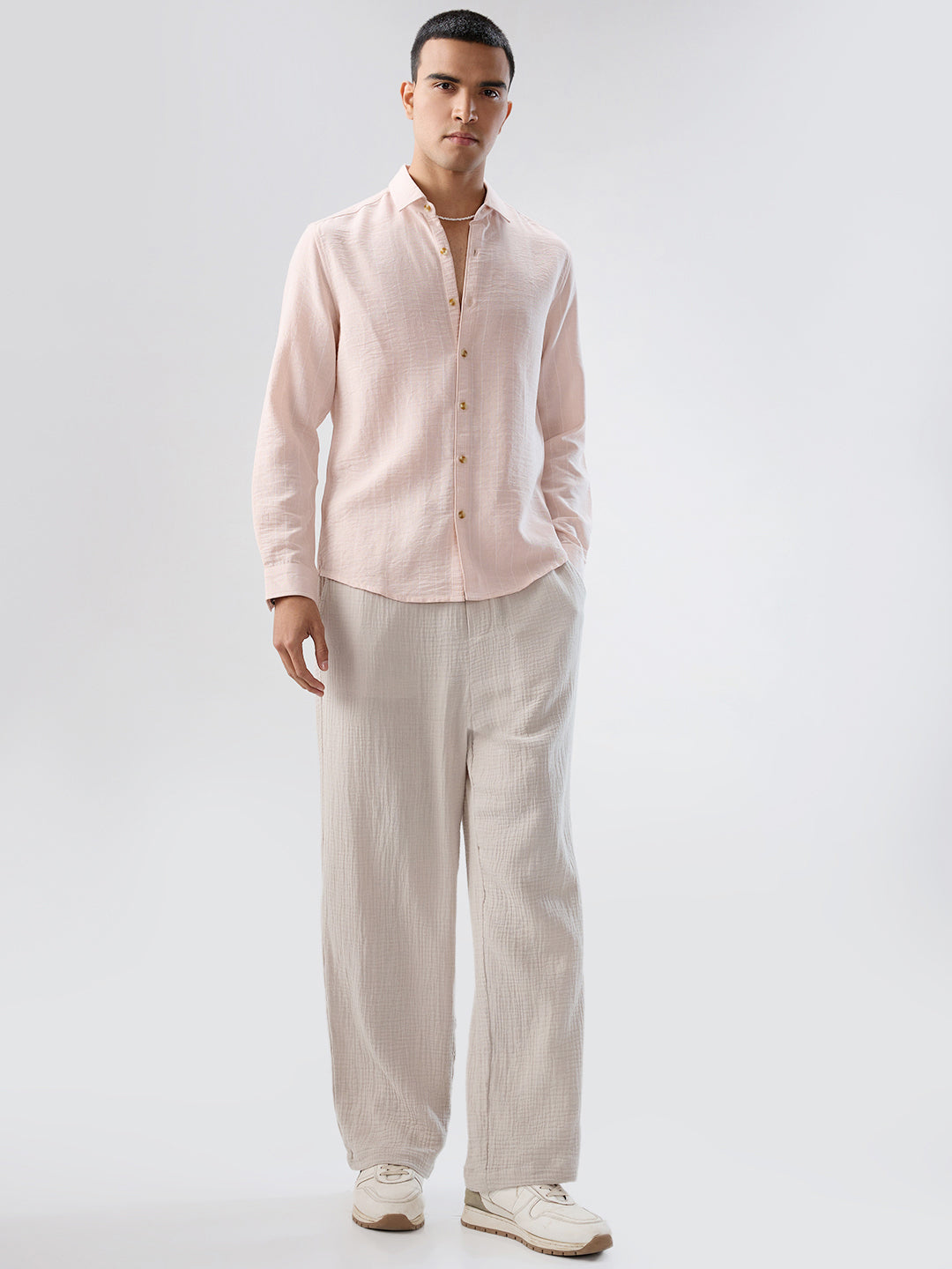 Pale Pink Linear Loom Crinkled Shirt