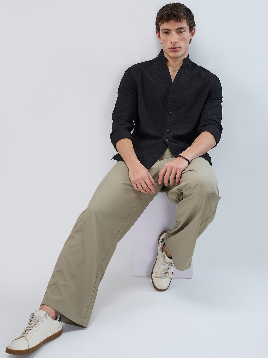 Ink Black Textured Stand Collar Oversized Shirt
