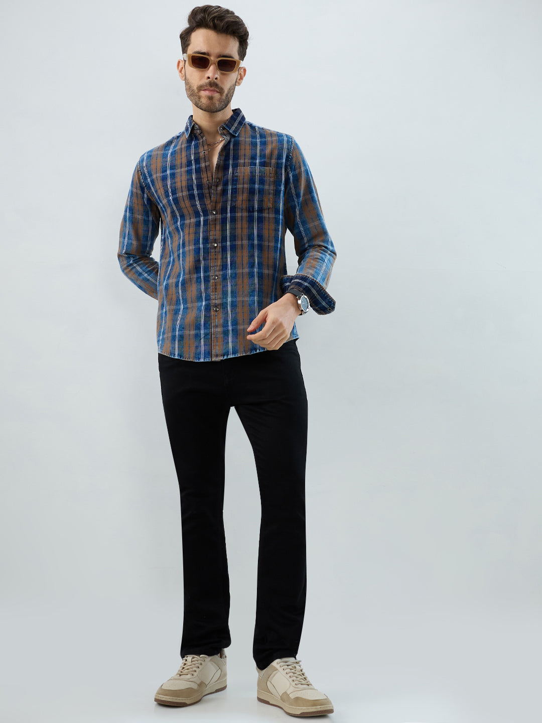 Classic Camel Brown Nightfall Denim Tartan Checks Shirt