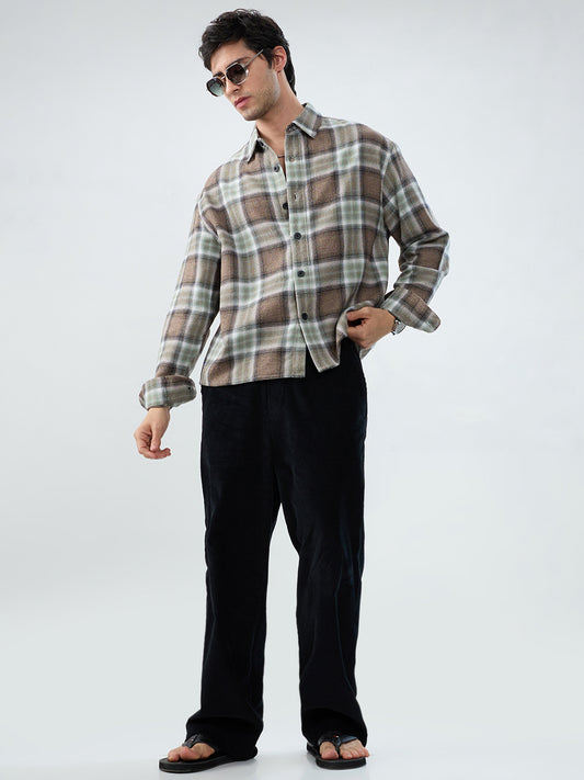 Brown & Olive Retro Contrast Checks Boxy Fit Crop Shirt