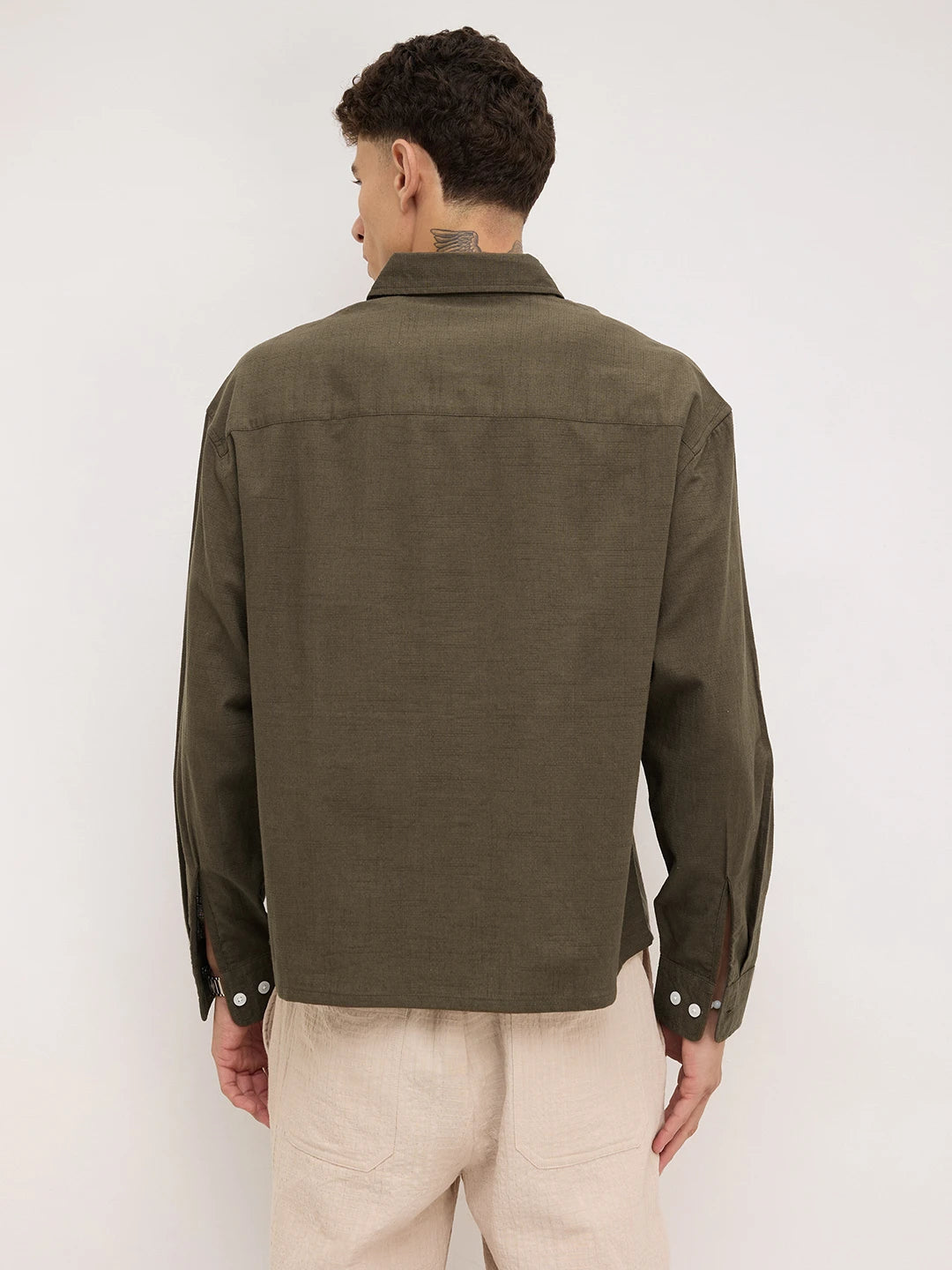 Emerald Green Fine Textured Boxy Fit Crop Shirt