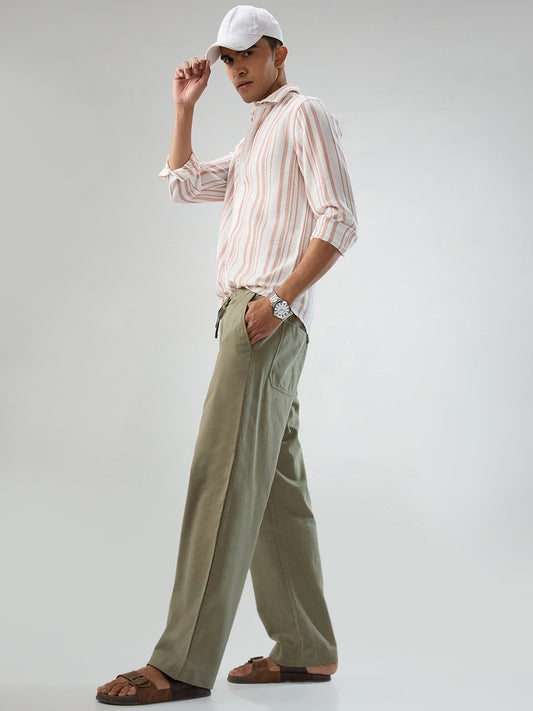 Olive Subtle HerrigboneTextured Straight-Fit Trousers