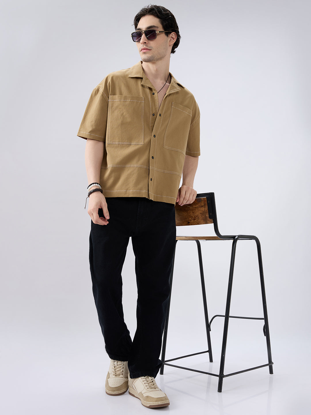 Khaki Contrast Stitch Twin Pocket Oversized Crop Shirt
