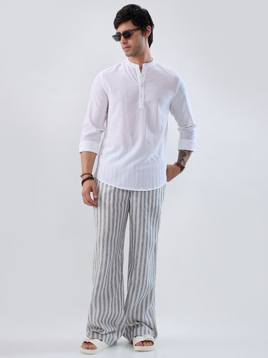 White & Navy Linen Blend Wide-Leg Trousers