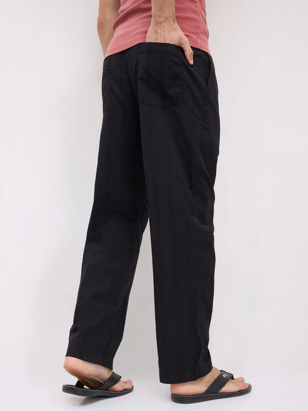 Minimal Black Seersucker Tapered Trousers