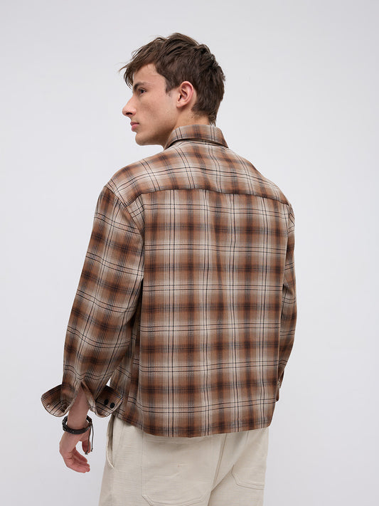 Cocoa Haze Gradient Plaid Classic Boxy Fit Crop Shirt