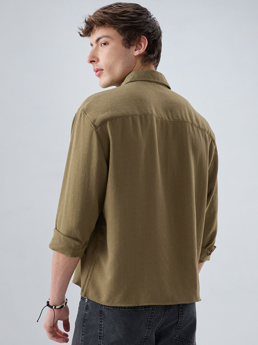 Pickle Olive Textured Boxy Fit Crop Shirt
