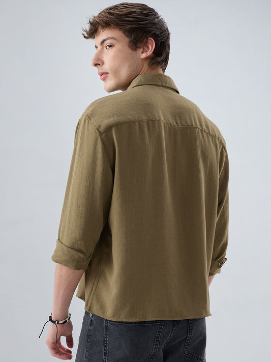 Pickle Olive Textured Boxy Fit Crop Shirt