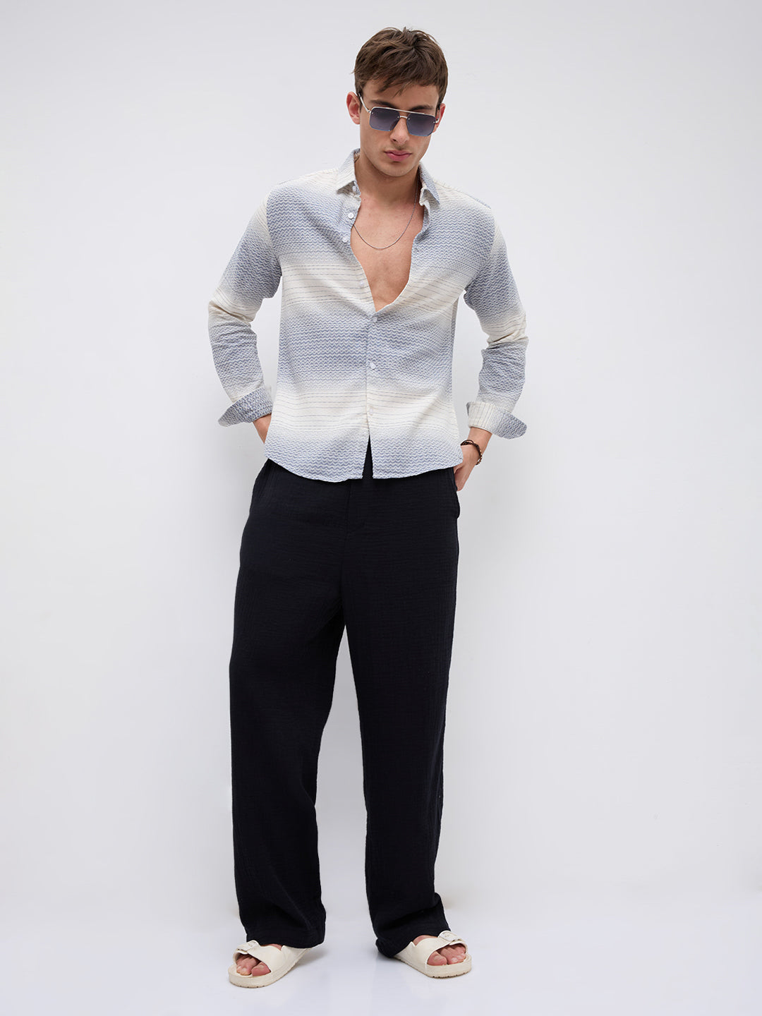 White & Blue Jacquard Wave Pattern Striped Shirt