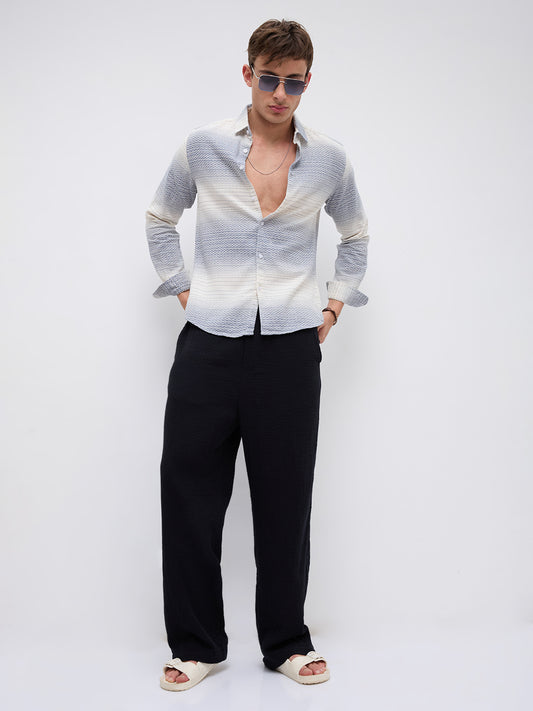 White & Blue Jacquard Wave Pattern Striped Shirt