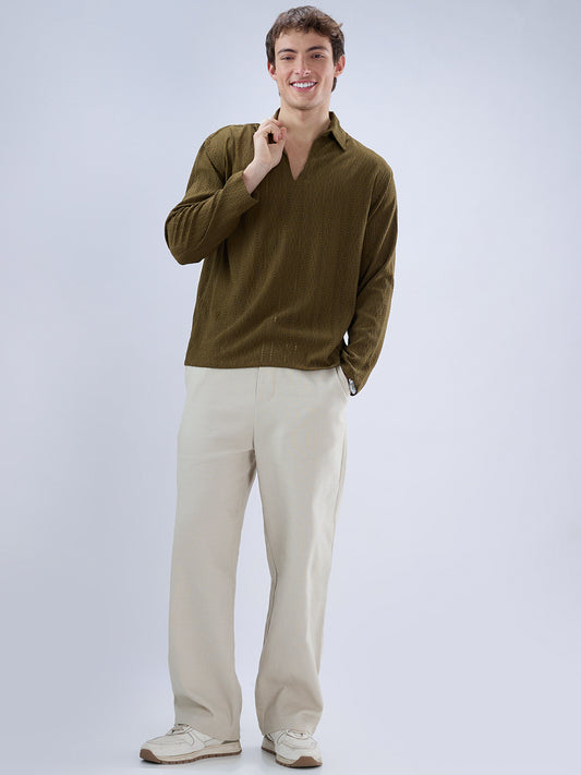 Olive Fine Lozenge Weave Polo Oversized Shirt
