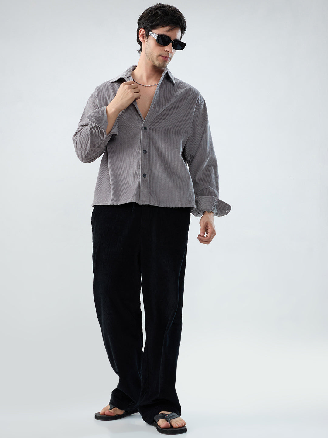 Cloud Grey Corduroy Boxy Fit Crop Shirt
