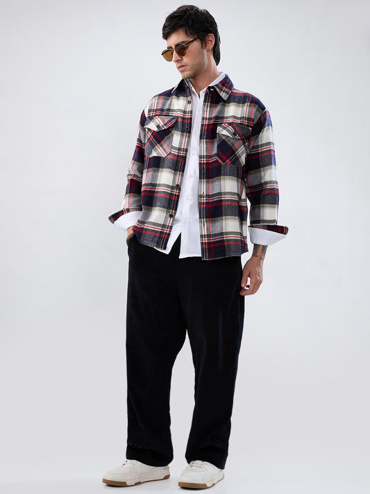 Elevated Crimson Black Winter Checks Double Pocket Flannel Shirt