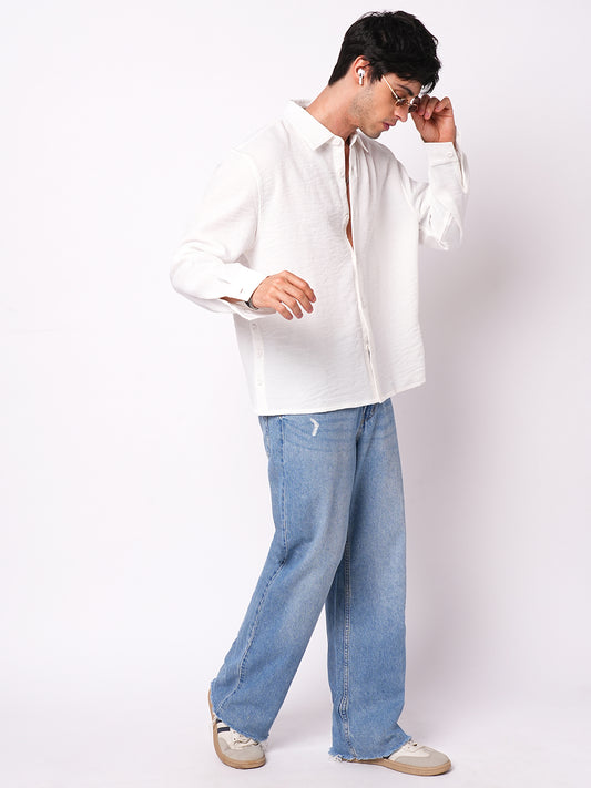 Snow White Crinkled Side-Slit Oversized Crop Shirt