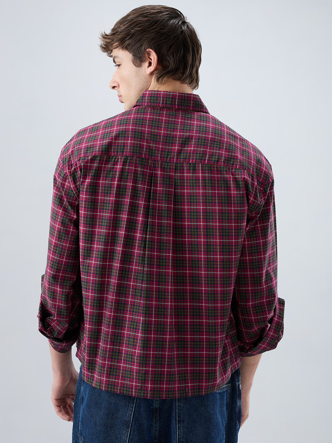 Pink & Olive Plaid Checks Cuffless Oversized Crop Shirt