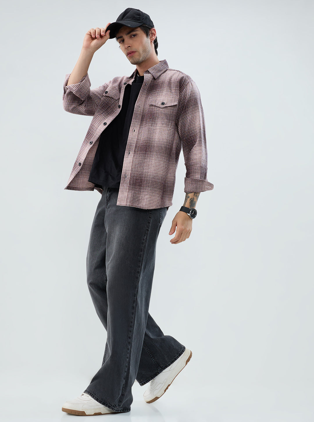 Old-School Red & Black Houndstooth Twin Pocket Flannel Shirt