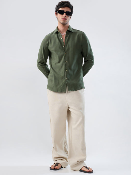 Olive Herringbone Textured Knitted Shirt