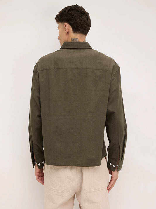 Refined Olive Micro Square Textured Boxy Fit Crop Shirt