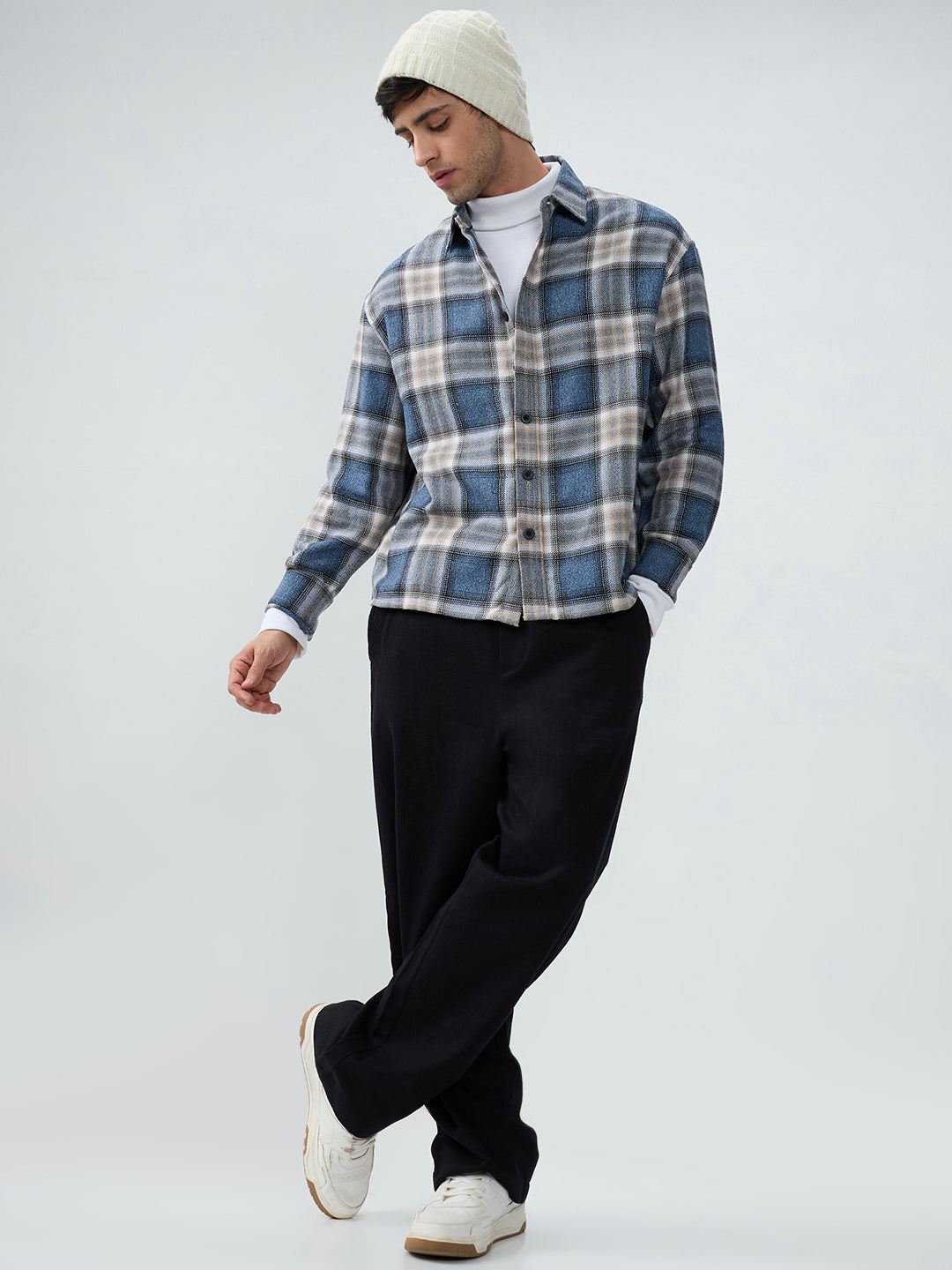 Aegean Blue Checkered Boxy Fit Crop Shirt