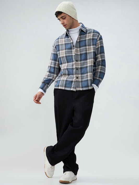 Aegean Blue Checkered Boxy Fit Crop Shirt