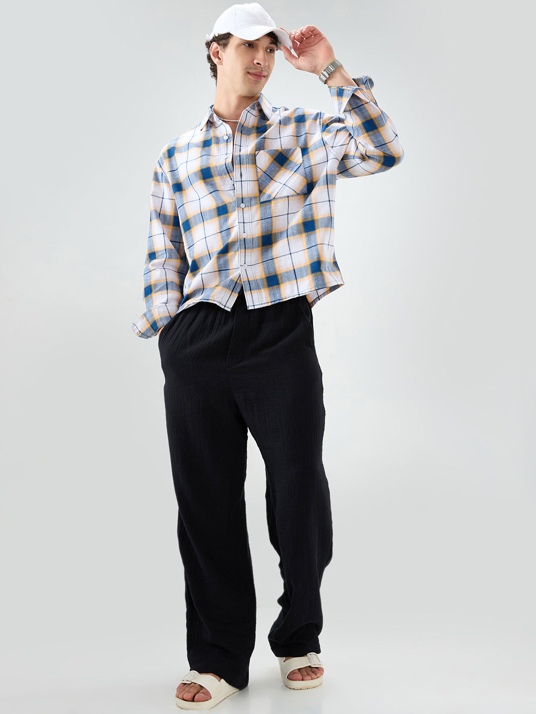 Denim Blue Herringbone Windowpane Checks Boxy Fit Shirt