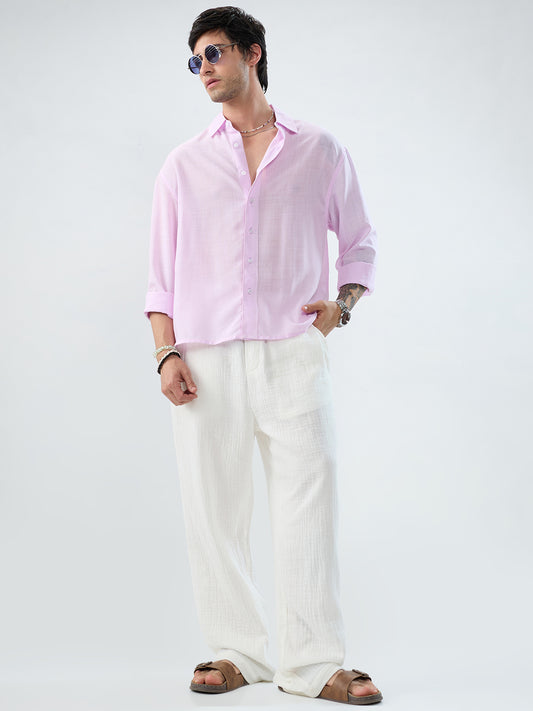 Pink Pearl Slub Textured Boxy Fit Crop Shirt