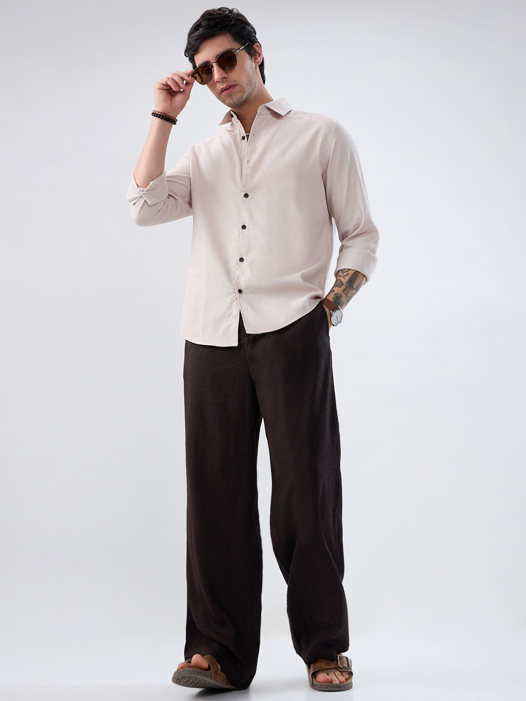 Brown Linen Blend Motif Printed Wide-Leg Trousers